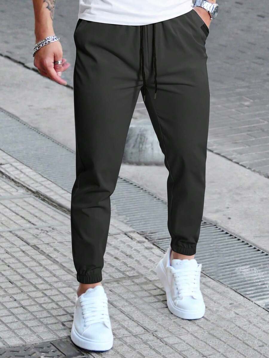 Manfinity Homme Men's Casual Solid Color Trousers With Drawstring Waist, For Autumn - 綠色 - 查看 1