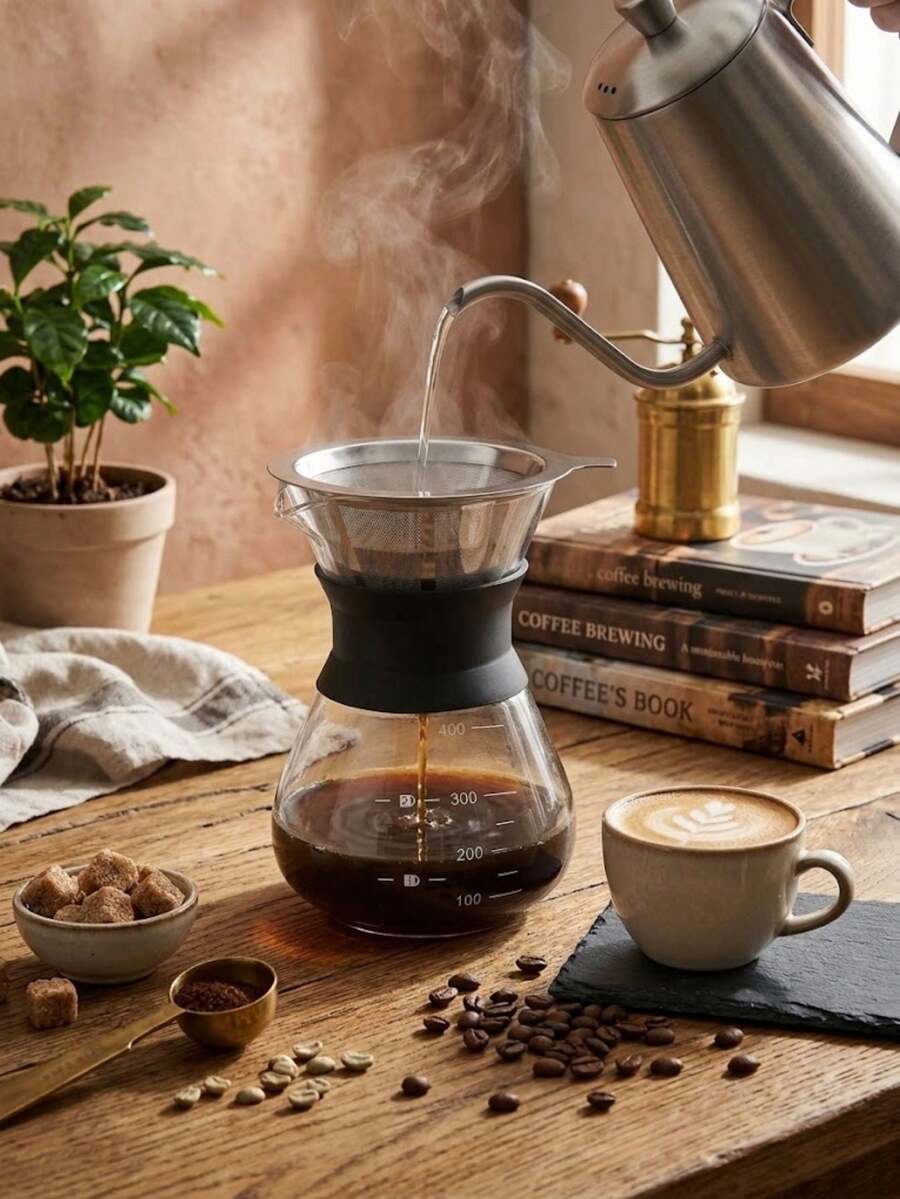 إبريق قهوة بور أوفر من زجاج البوروسيليكات مع فلتر من الفولاذ المقاوم للصدأ قابل لإعادة الاستخدام، مناسب للمنزل والمقهى (إبريق ماء بنقشة خشبية 400 مل مع فلتر) - B - مشاهدة 1