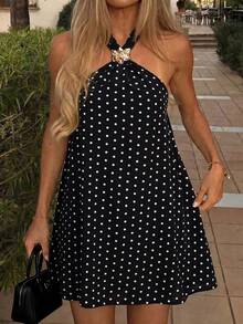 Plus Size Women's Halter A-Line Polka Dot Print Loose Short Dress, Suitable For Daily Wear And Vacation Elegant Black Party Summer - Black - View 1