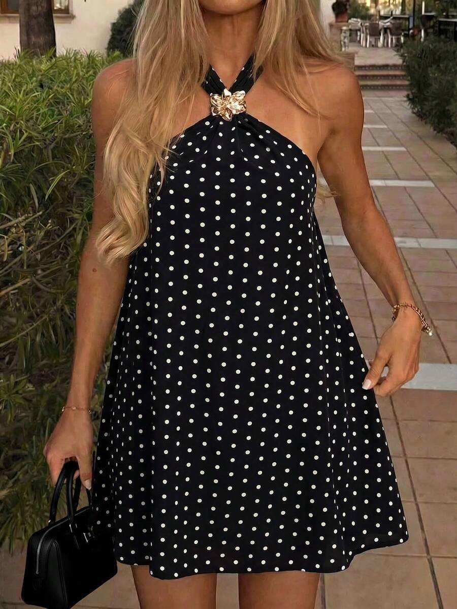 Plus Size Women's Halter A-Line Polka Dot Print Loose Short Dress, Suitable For Daily Wear And Vacation Elegant Black Party Summer - Black - View 1
