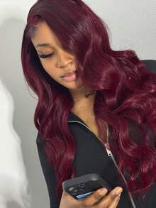13X4 Front Lace Real Human Hair Wig For Women 99J Burgundy Colored Body Wave Remy Hair With Bangs Long Hair Pre Plcuked Natural Hairline Date Party Vacation 180 Density - S99JA/BUGA - View 5