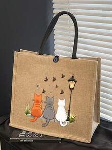 Large Capacity Women's Fashion Handbag, Cat Back Print Tote Bag, Supermarket Shopping Travel Storage Bag, Simple And Fashionable, Linen Handbag, Back To School Storage, Outdoor Travel Storage, Suitable For Girls, College Students, White-Collar Workers, Suitable As Birthday Gift, Teacher's Day Gift, Graduation Gift, Back To School Gift, Holiday Souvenir, Wedding Accessory - Multicolor - View 5