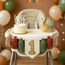 Ensemble de 3 décorations pour premier anniversaire sur le thème de la nature (vert et marron) : banderole pailletée avec chiffres pour chaise haute, chapeau couronne d'anniversaire et décoration pour gâteau. Accessoires photo et décoration pour gâteau d'anniversaire. - Voir 4