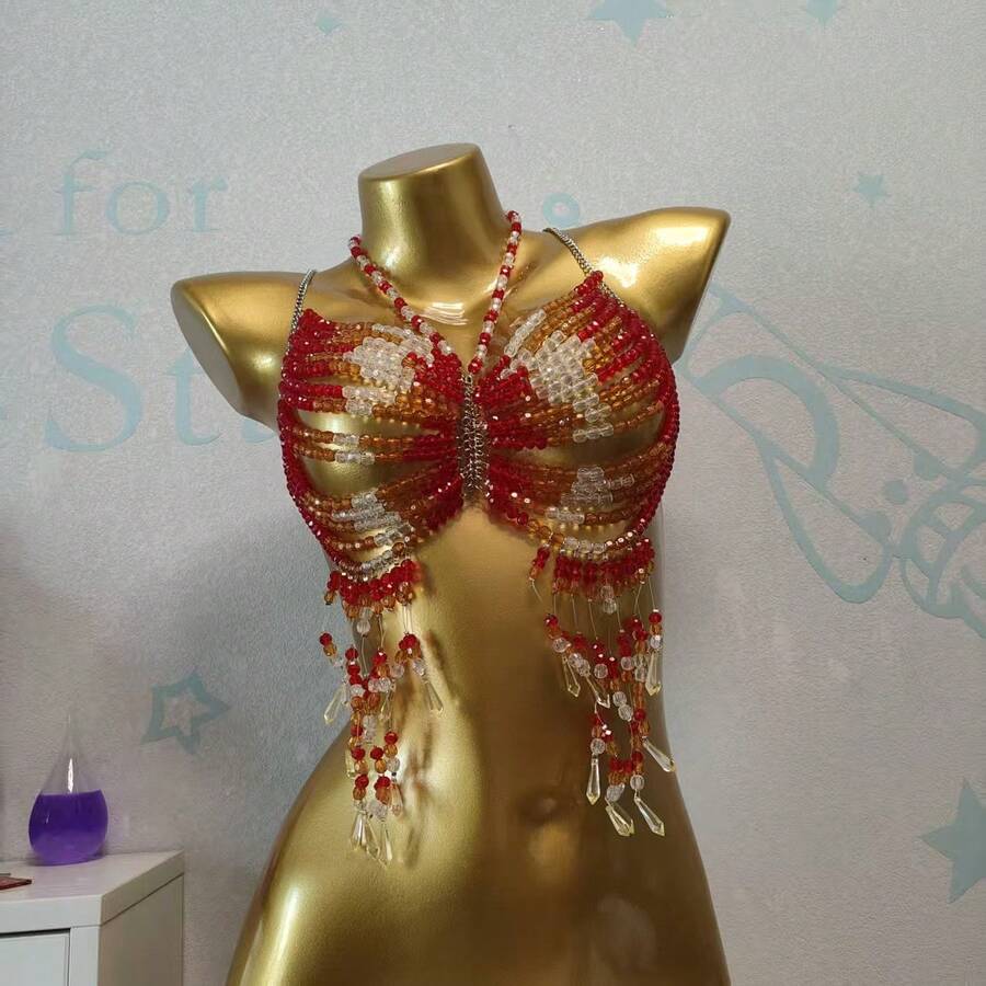 Pearl Beaded Chest Chain, Handmade Halter Vest Style Body Chain, Suitable For Outdoor Use. - Red - View 1