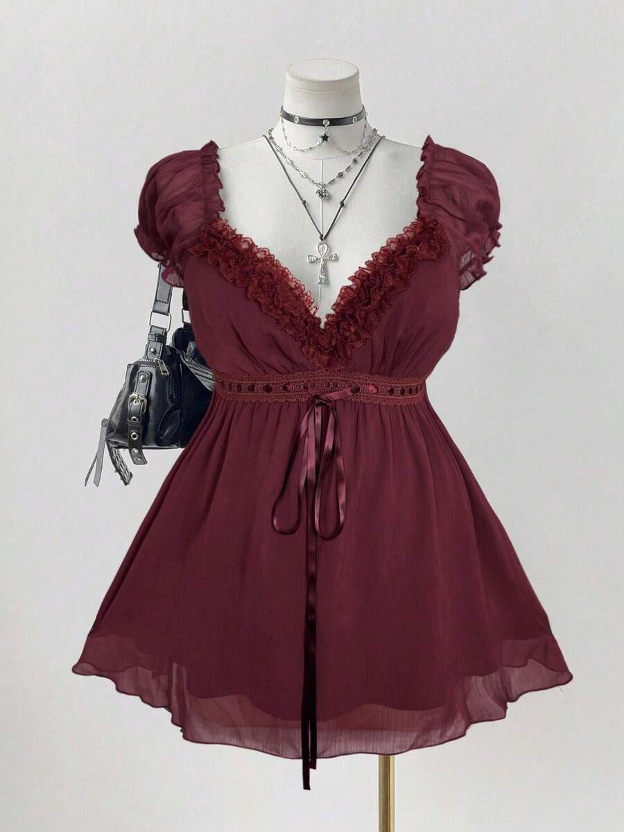 Blusa elegante de talla con ribete de encaje en unicolor, para el verano - Gris - Ver 1