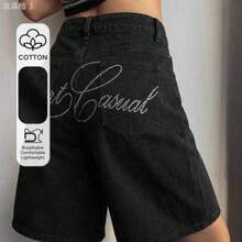 yonghongmaoyi1  Shorts vaqueros de longitud hasta la rodilla con bordado de lazo para mujer - Negro01 - Ver 1