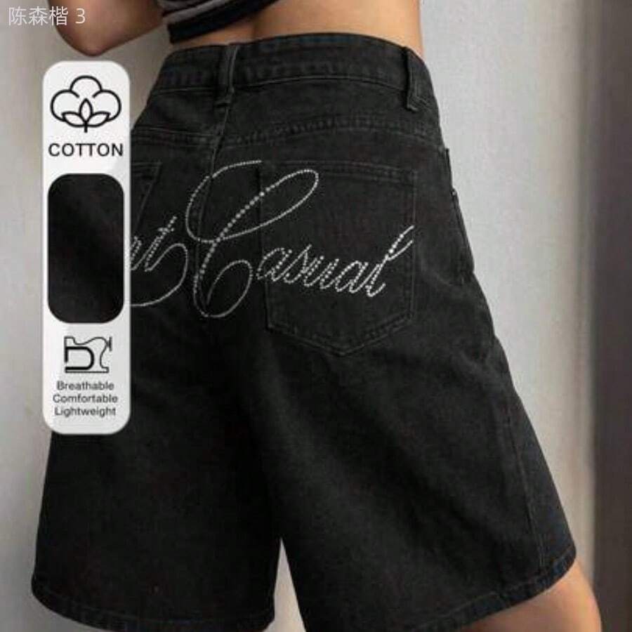 yonghongmaoyi1  Shorts vaqueros de longitud hasta la rodilla con bordado de lazo para mujer - Negro01 - Ver 1