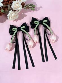 2 piezas Pinzas para el cabello con lazo de tulipán fresco y elegante con cinta de borla - Accesorios para el cabello de princesa versátiles y de alta gama para niñas - Multicolor - Ver 9