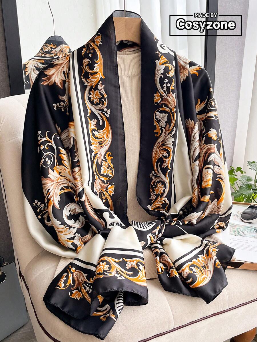 1PC Faux Silk Elegant Design Plant Floral Pattern Printed Scarf For Women, Long Shawl For Beach Vacation, Sun Protection, Beach Wrap, Fashionable Versatile Scarf, Suitable For Daily Outfit Matching And Decoration - Black - View 1