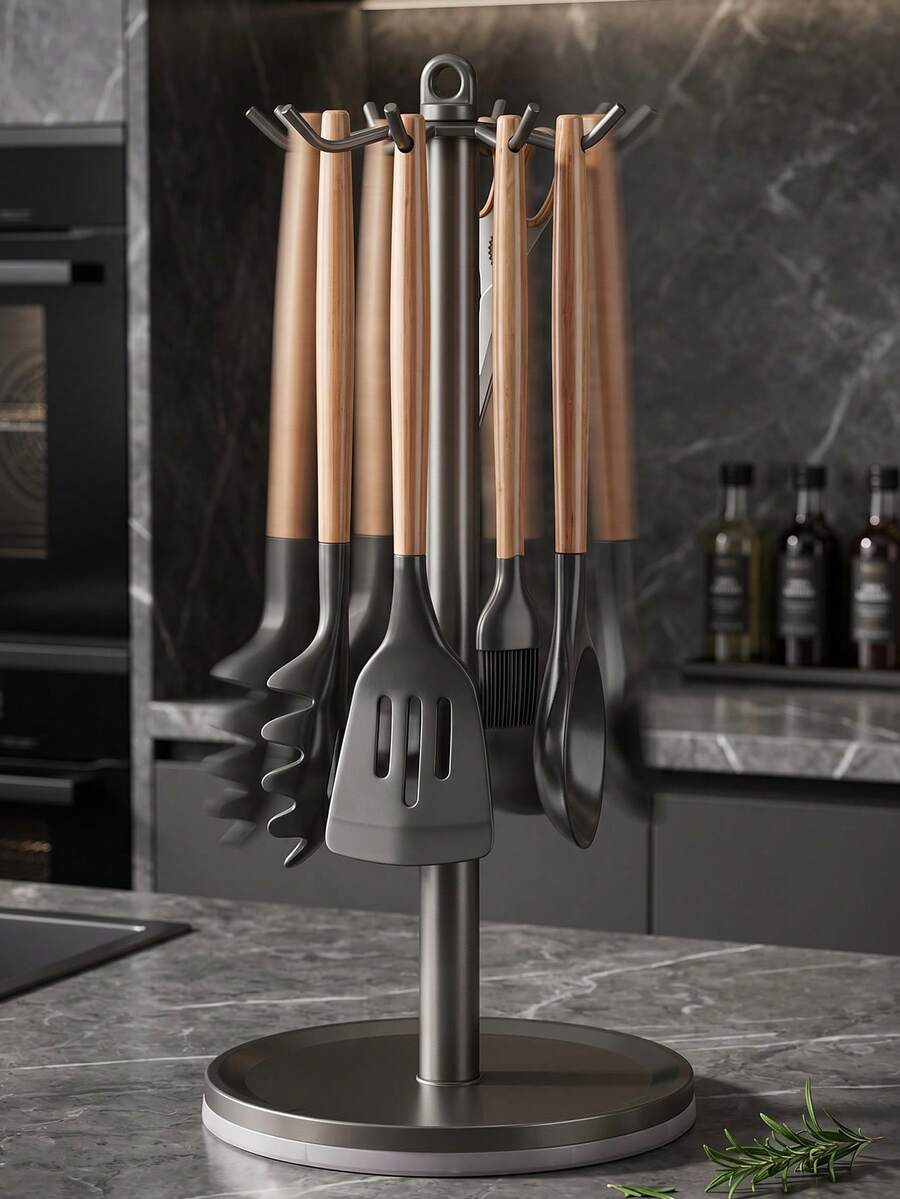 1 pieza Estante giratorio de 360° para almacenamiento de utensilios de cocina, decoración de cocina y juego de ollas. Adecuado para almacenamiento en encimera de espátulas y cucharas, caja de almacenamiento de herramientas de cocina con múltiples ganchos - Ver 1