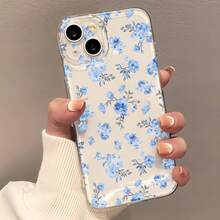 1pc Transparent Space Shell Blue Floral Pattern Phone Case Personalized Compatible With IPhone 16 Pro Max 17/16/15/14 Plus/13/12/11 Protective Case Air Compatible With Samsung Series - Multicolor - View 2