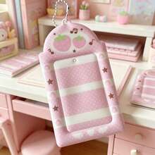 Lindo colgante porta tarjetas de 3 pulgadas, diseño de símbolo musical y patrón de fresa, rosa/marrón macaron, adecuado para identificación de estudiante y tarjeta de transporte - A - Ver 8