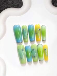 10件裝清新風手工穿戴甲，Polygel美甲套組，藍色圓形水鑽，藍黃綠指甲油，鮮豔風格，含美甲工具，3種尺寸可選，杏仁形、鴨嘴形、棺材形，適合派對、跳舞、日常配戴 - 彩色 - 查看 13