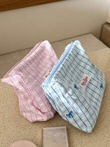 AGG 藍粉格紋刺繡蝴蝶結小清新尺寸女用化妝包，內袋便攜旅行盥洗包手提包，多功能護膚收納袋，送給媽媽或女友的情人節大容量收納禮物 - 彩色 - 查看 6