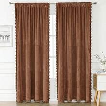 1 Stück kaffeebraune französische Luxus-Samt-Verdunkelungsvorhänge mit Pompon-Quasten-Spitzenbesatz, Stangendurchzug, thermisch isolierte Sonnenschutz-Fenstervorhänge für Wohnzimmer & Schlafzimmer Dekoration - Kaffeebraun - Übersicht 6