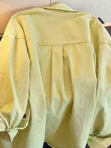 女款優雅可愛簡約清新休閒日常居家通勤百搭彩色不對稱鈕扣條紋寬鬆襯衫 - 黃白色 - 查看 2