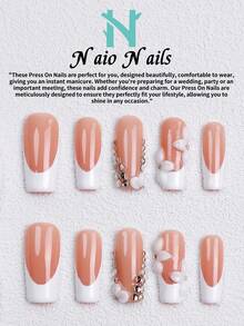 NAIO 10片/組手工穿戴式美甲貼片，3種尺寸：棺材型/杏仁型/短方型，Y2K辣妹風，裸色&白色法式邊緣，3D花朵&水鑽裝飾，奶油質感，適合女性&女孩，派對&日常配戴，含工具組，禮物&美甲用品 - 彩色 - 查看 17