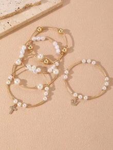 NAIZHU 5件組時尚歐美風優雅仿珍珠串珠手鍊套組，女款日常派對飾品，情人節與母親節禮物 - 彩色 - 查看 4