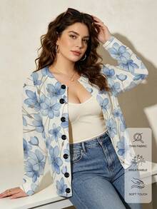 ASHKATIA Big Floral Pattern Women's Plus-Size Vintage Cardigan Sweater, Fall Winter Knit For Social Occasions - Multicolor - View 6