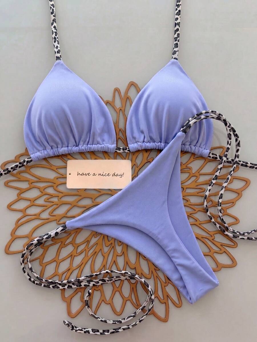 2pcs Leopard Print Halter Tie Sexy Bikini Swimwear For Women, Suitable For Spring & Summer Vacation Beach - Camel - View 1