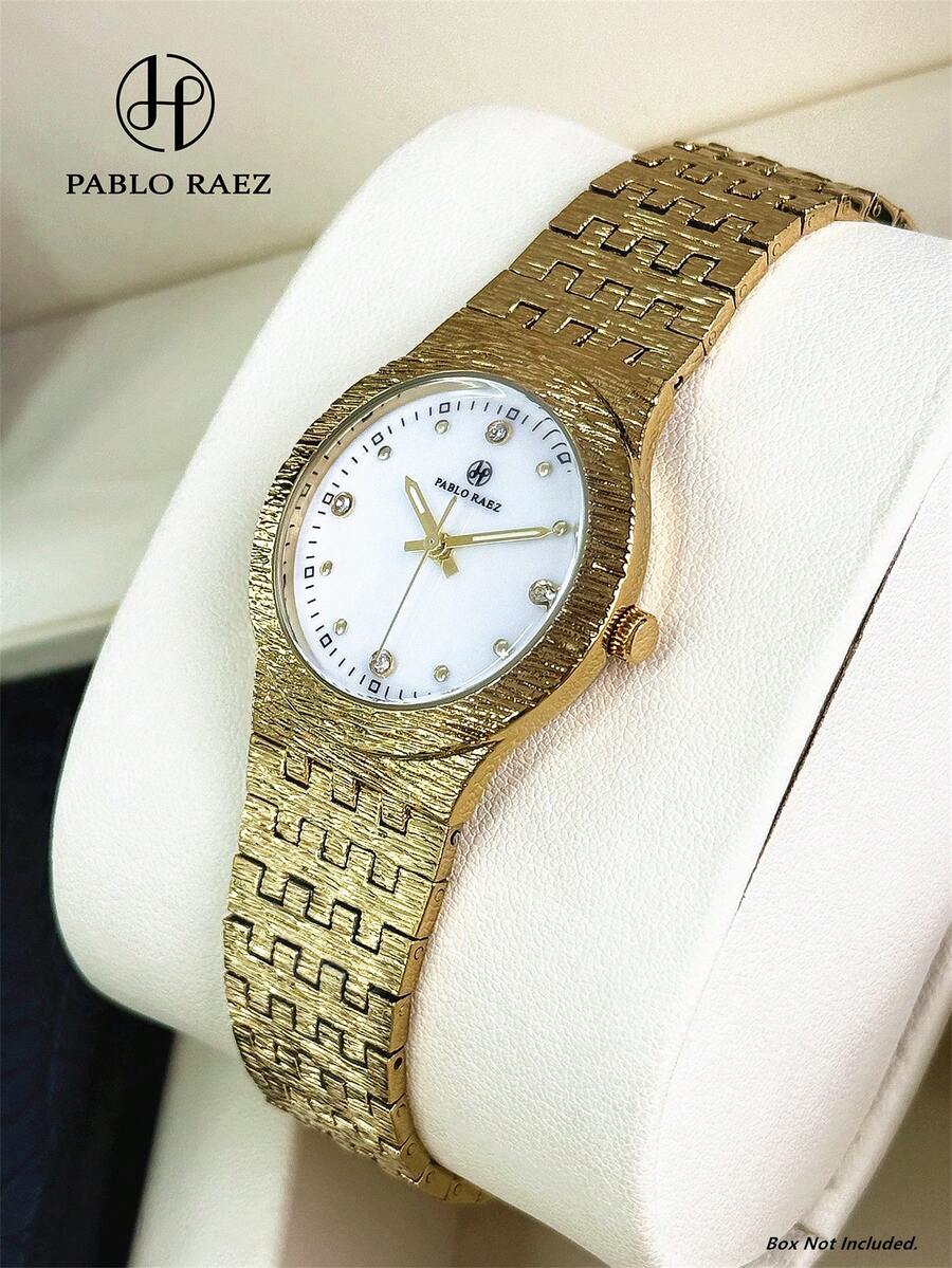 PABLO RAEZ 1件女款手錶，18K金，奢華正裝時尚手錶，不鏽鋼IPG錶殼，優雅新設計，銀色石英手錶，時尚白色/黑色錶盤，日期顯示，高品質，受歡迎的女款腕錶，日曆顯示，50米防水，實心鋼錶帶，珠寶扣，休閒青年可愛手錶，送給朋友或家人的精美禮物，適合日常生活/工作/派對/度假裝飾，婚禮/畢業/生日禮物