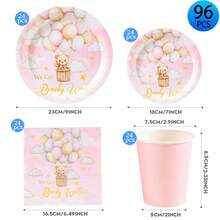 10/24/96pcs Teddy Bear & Balloon Theme Party Tableware Set, 7" & 9" Disposable Paper Plates, 9oz Cups & Napkins With Pink Bear Print, Complete Party Supplies For Adult Celebrations & Backyard Gatherings, Sturdy Tableware Set - Multicolor - View 10