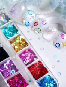 12 Grids Holographic Hollow Ring Nail Sequins, Multi-Color Iridescent Circle Donut Glitter Flakes, Ocean Mermaid Aesthetic Summer DIY Manicure Nail Art Supplies Nail Charms - Multicolor - View 6