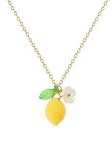 1 pieza Collar con colgante de resina con limón, flor y hoja con diseño fresco y lindo, accesorio de joyería dulce adecuado para uso diario de mujeres - Amarillo Oro - Ver 1