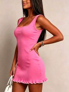 Summer Casual Lemon Yellow Ribbed Knit Fitted Mini Dress, Ruffle Hem, Elegant Women's Sleeveless Square Neck A-Line Dress, Suitable For Party, Vacation - Hot Pink - View 3