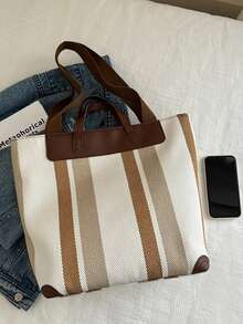 Bolso de lona casual para mujer con diseño a rayas, cierre con cremallera y forro de poliéster, opciones multicolor - Blanco - Ver 8
