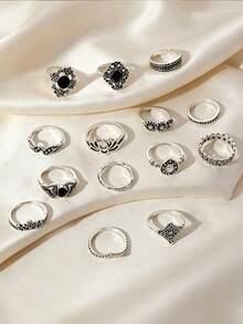 1 set de anillos apilables para mujer estilo retro europeo y americano, diseño de loto hueco, corona con incrustaciones de diamantes de imitación, gota de aceite colgante, 14 piezas - Plata antigua - Ver 4