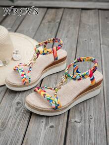 Gelbe Damen-Sandalen mit gewebten Riemen, leichte Keilsandalen im Boho-Stil für den Urlaub, Outdoor- und Urlaubs-Essential - Gelb - Übersicht 6