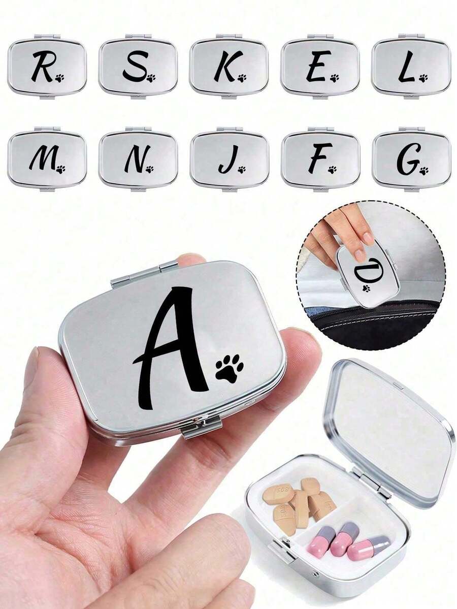 Black Square Pet Pill Box With Letter Pattern, 2 Portable Pill Box Compartments, Mini Metal Storage Box, Portable Jewelry Pill Box, Personalized Creative Gift, Customizable With Your Pet's Name, Suitable For Travel, Outdoor Activities, Can Be Put In Bag Or Pocket, Can Be Used As Wedding Gift, Gift And Reception Decoration, Unique Design Decorative Travel Storage Box (Initials A-Z) - Multicolor - View 1