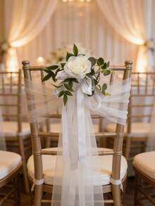 6pcs Rose Flower Wedding Chair Back Decor With Leaves And Ribbon, Wedding Aisle Chair Decorations, Church Chair Bench Decor For Wedding Ceremony - White - View 3