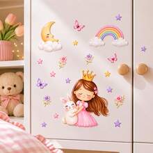 Calcomanía de pared de niña unicornio, pegatina de pared de vinilo removible con luna, arcoíris, estrellas, mariposas, flores, decoración de pared para dormitorio de niñas, habitación de niños, baby shower - Vinilo decorativo de pared para niña con vestido rosa - Ver 6