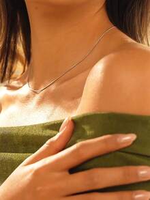 1pc Stainless Steel Snake Chain Necklace For Women, Suitable For Daily Wear, Niche Gift, Summer Beach Vacation - Silver - View 3