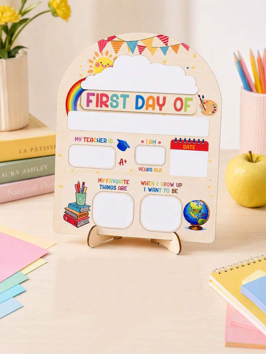 "Mein erster Schultag" Schild 10in X 12in, Schulanfang Geschenk, geeignet für Kindergarten, wiederverwendbare Holztafel, Meilensteine des Wachstums aufzeichnen, mit Ständer - Schulanfangs-Schallplattenbrett aus Holz und Kunststoff - Übersicht 1