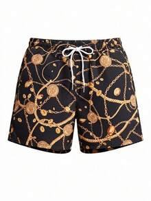 1 Stück Herren Shorts mit schwarzem Hintergrund und goldenem Münzketten-Muster, vintage barocke Elemente, leicht und atmungsaktiv, Pool- & Strandparty Essentiell, lässige Shorts für den Sommer - Schwarz - Übersicht 7