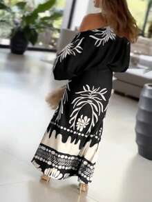 Women's 2pcs Tropical Print Lantern Sleeve Cold Shoulder Top + Elastic High Waist Mermaid Maxi Skirt Set, Vacation Resort Style Black Elegant - Black - View 4
