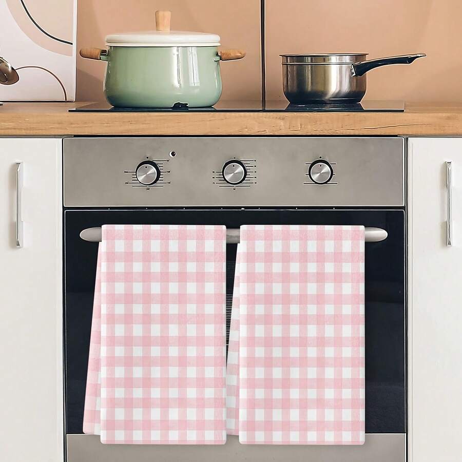 2pcs Minimalist Pink & White Plaid Kitchen Towels, Soft & Machine Washable, Suitable For Dining Table Decor, Kitchen & Dining Room Decoration, Daily Gift, Kitchen Accessories