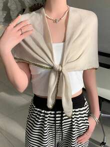 1pc/2pcs Solid Color Stitching Design Square Scarf 85cm, Lightweight Style, Suitable For Daily Use As Sun Protection Shawl, Headscarf Or Fashion Accessory, Also A Great Gift For Friends And Family; Can Be Used As Casual Headband Or Soft Headscarf/Veil To Match Robes. - Monochrome - View 8