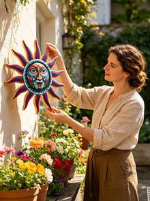 1 Piece Colorful Creative Sun Face Metal Wall Art Decor, 32cm Large 2.5D Outdoor Garden Artwork With Hooks On The Back, Reusable, Suitable For Outdoor Wall Decor, Garden Decor, Yard Decor, Porch Decor, Party Decor, Fence Decor - C - View 11