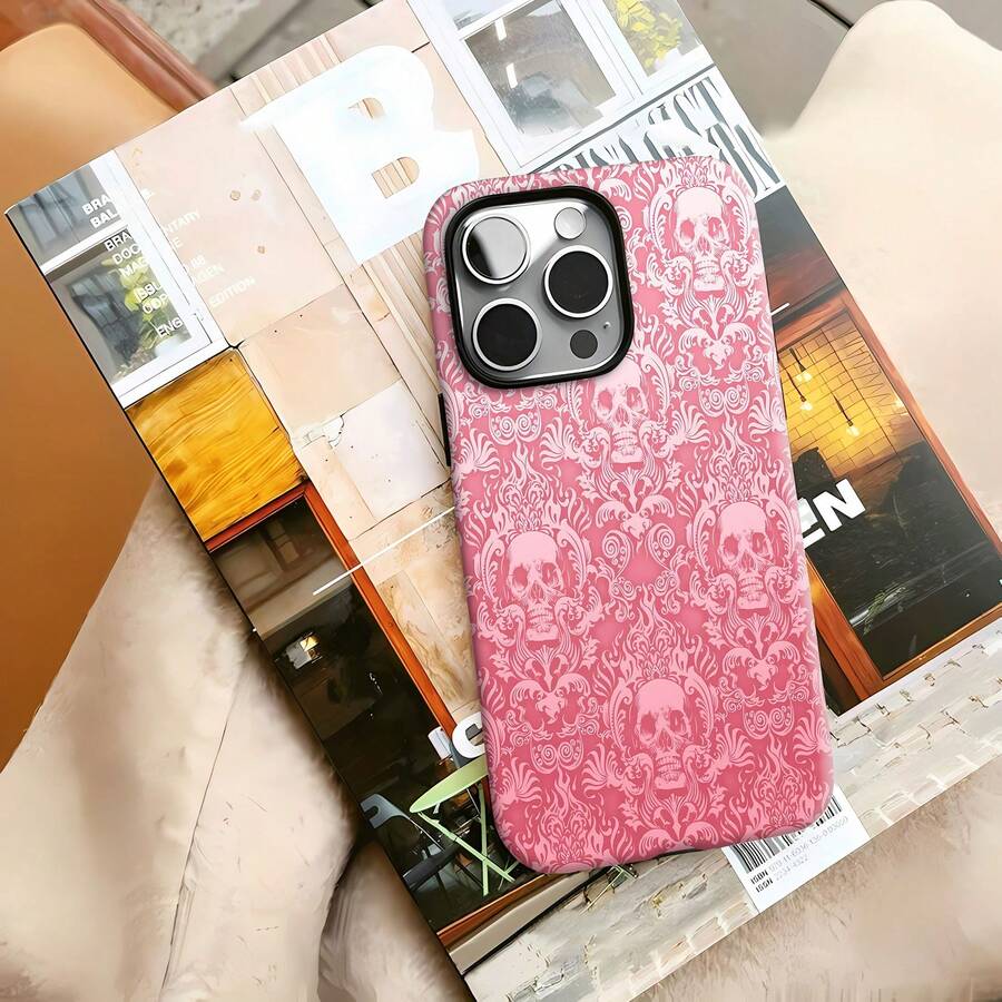 Funda para teléfono con diseño de calaveras en rosa, compatible con fundas para teléfonos , Apple, VIVO, OPPO, , Transsion, ,  y Honor. Hecha de material TPU, tiene protección contra golpes y caídas. Es un excelente regalo para amigos y familiares. - Negro - Ver 1