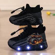 兒童 LED 發光運動鞋，怪獸卡車火焰卡通鞋，男孩女孩適用，透氣防滑運動跑步鞋，適合上學與戶外 - 黑色 - 查看 7