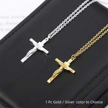 VKHK 1pc 18K Gold Plated Stainless Steel Christian Jesus Cross Necklace, Unisex Jewelry Gift - Cross Pendant Necklace - View 10