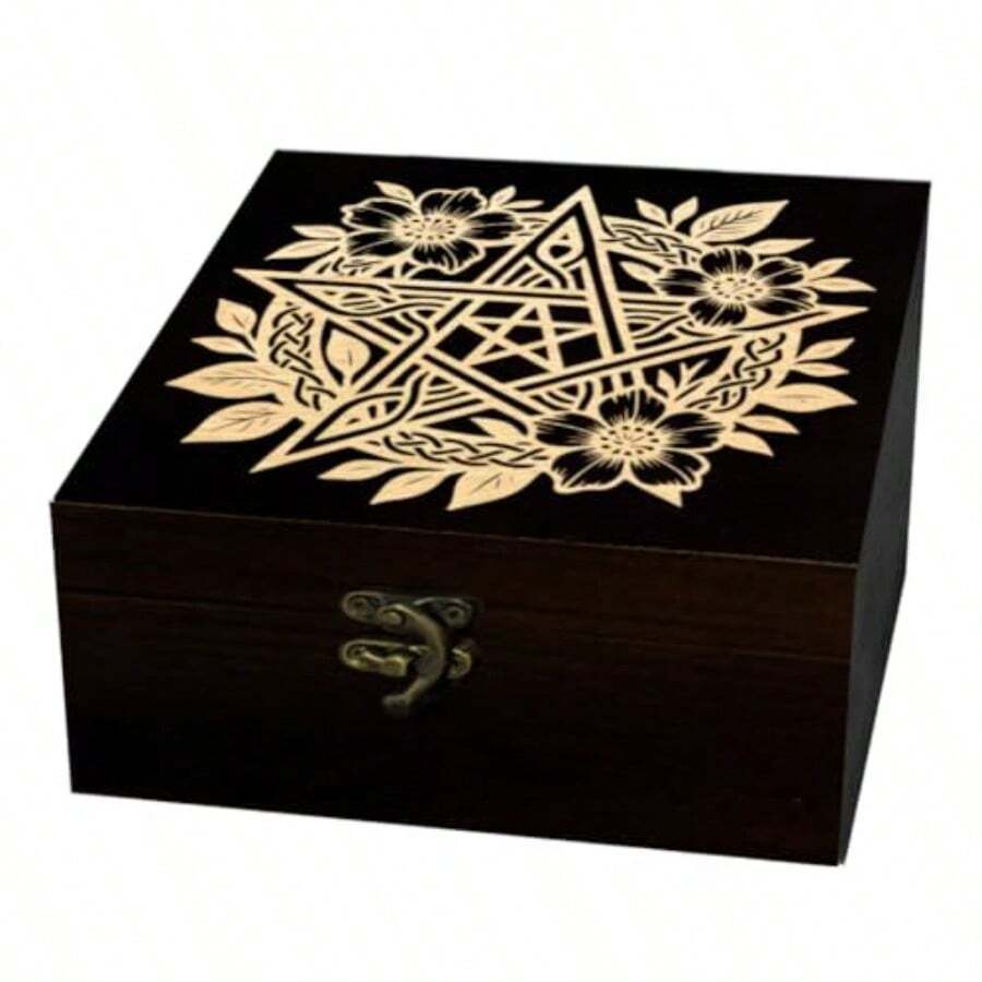 1 Pc Wooden Keepsake Storage Box Ritual Pentagrams Flower Pattern Square Pine Memory Box For Anniversary Jewelry Board Storage 12x12x6cm 4.72x4.72x2.36 Inches - 儀式五芒星花 - 查看 1