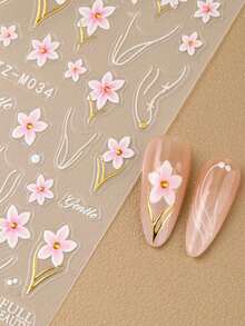 2pcs Embossed Pink Cherry Blossoms Flower French Nail Stickers Elegant Camellia Lily Floral Nail Decals With Golden Lines Wedding Nail Charms Nail Supplies Manicure - Multicolor - View 2