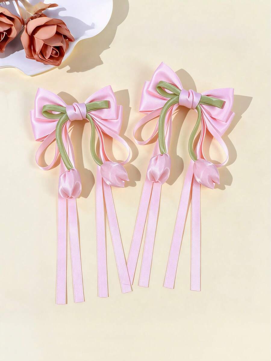 2 piezas Pinzas para el cabello con lazo de tulipán fresco y elegante con cinta de borla - Accesorios para el cabello de princesa versátiles y de alta gama para niñas - Multicolor - Ver 1