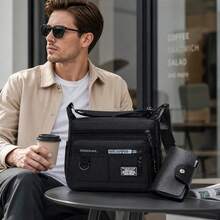 2pcs/Set Men's Shoulder Bag & Card Holder,Durable Multi-Pockets Crossbody Messenger Bag,Sling Pack For Business Casual Travel,Gift For Husband & Son - Túi đeo vai màu đen + Túi đựng thẻ màu đen - Xem 3