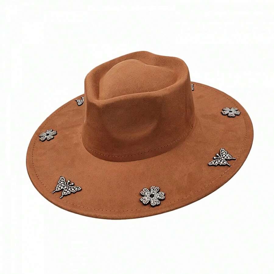 Elegant Felt Hat With Sparkly Rhinestone Butterfly Flower Details For Daily Vacation Outfits - marrón rojizo - Ver 1